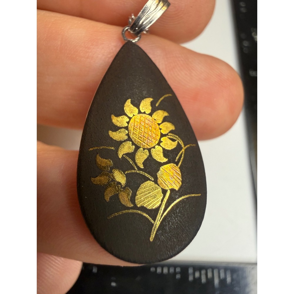 Sunflower Teardrop Damascene Necklace Gold Tone Etched Black Matte Silver Chain